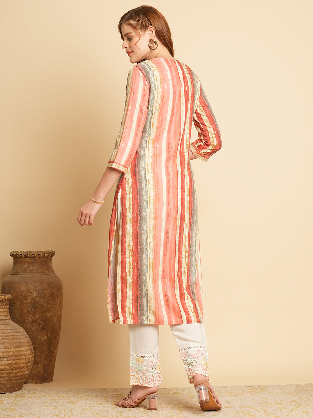 Ethnic Stripes Foil Printed & Embroidered Straight Fit Kurta - Pink