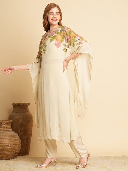 Abstract Floral Printed & Hand Embroidered Long A-Line Kurta with Pant - Cream