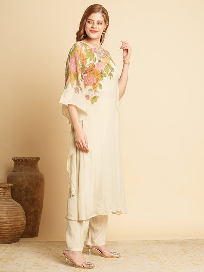 Abstract Floral Printed & Hand Embroidered Long A-Line Kurta with Pant - Cream