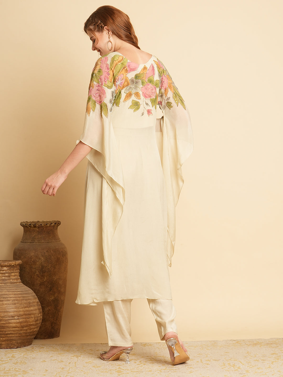 Abstract Floral Printed & Hand Embroidered Long A-Line Kurta with Pant - Cream