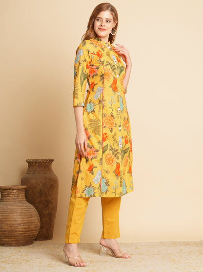 Floral Printed A-Line Paneled Kurta with Pant - Yellow