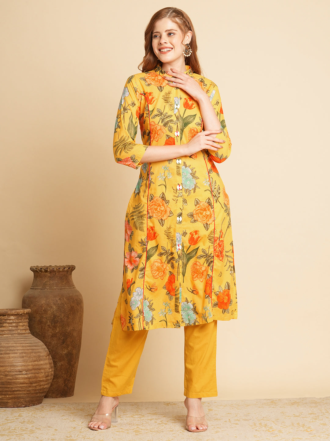 Floral Printed A-Line Paneled Kurta with Pant - Yellow