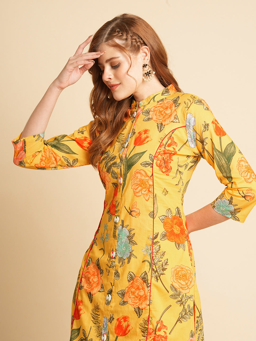 Floral Printed A-Line Paneled Kurta with Pant - Yellow