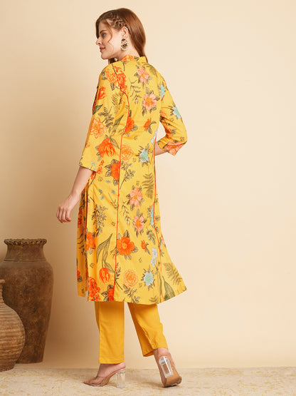 Floral Printed A-Line Paneled Kurta with Pant - Yellow