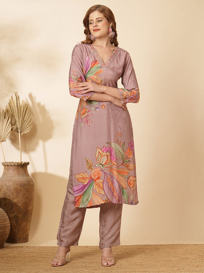 Abstract Floral Printed & Mirror Embroidered Straight Fit Kurta with Pant - Lavender