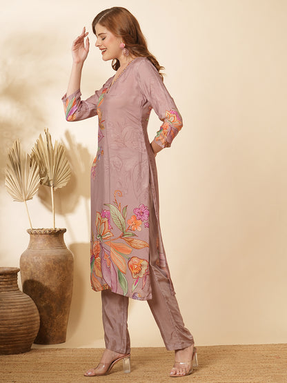 Abstract Floral Printed & Mirror Embroidered Straight Fit Kurta with Pant - Lavender