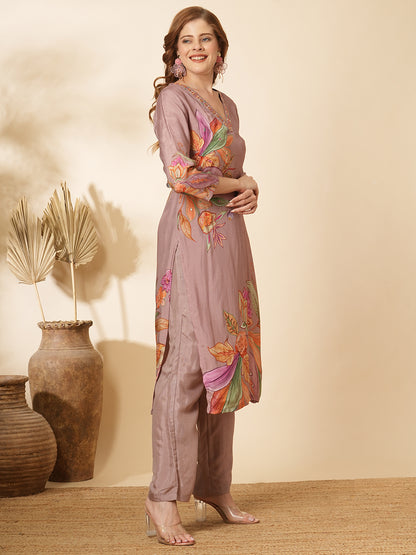 Abstract Floral Printed & Mirror Embroidered Straight Fit Kurta with Pant - Lavender