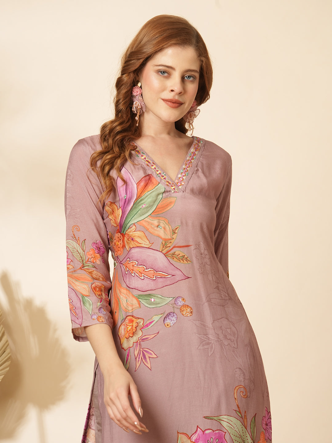 Abstract Floral Printed & Mirror Embroidered Straight Fit Kurta with Pant - Lavender