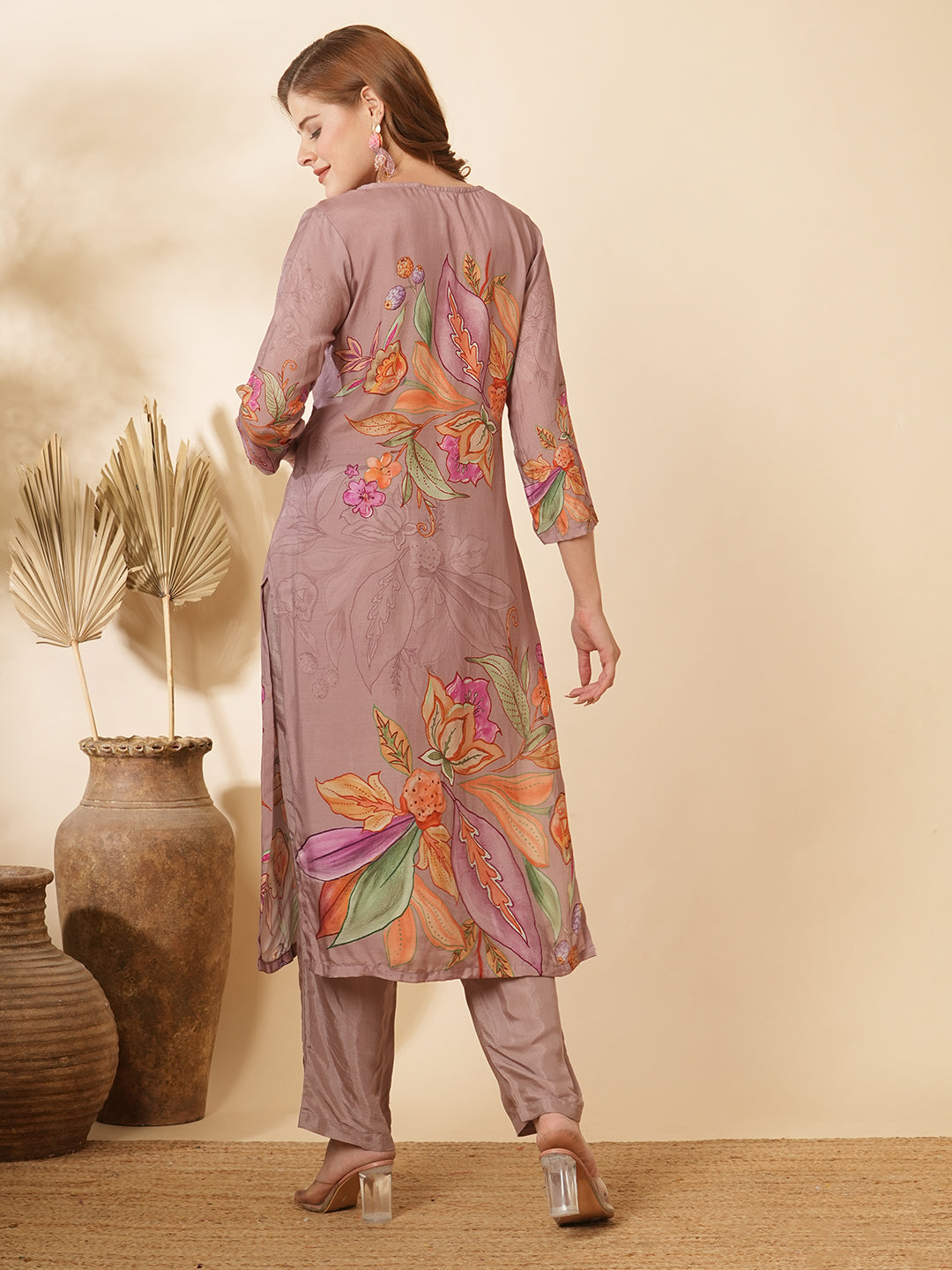 Abstract Floral Printed & Mirror Embroidered Straight Fit Kurta with Pant - Lavender