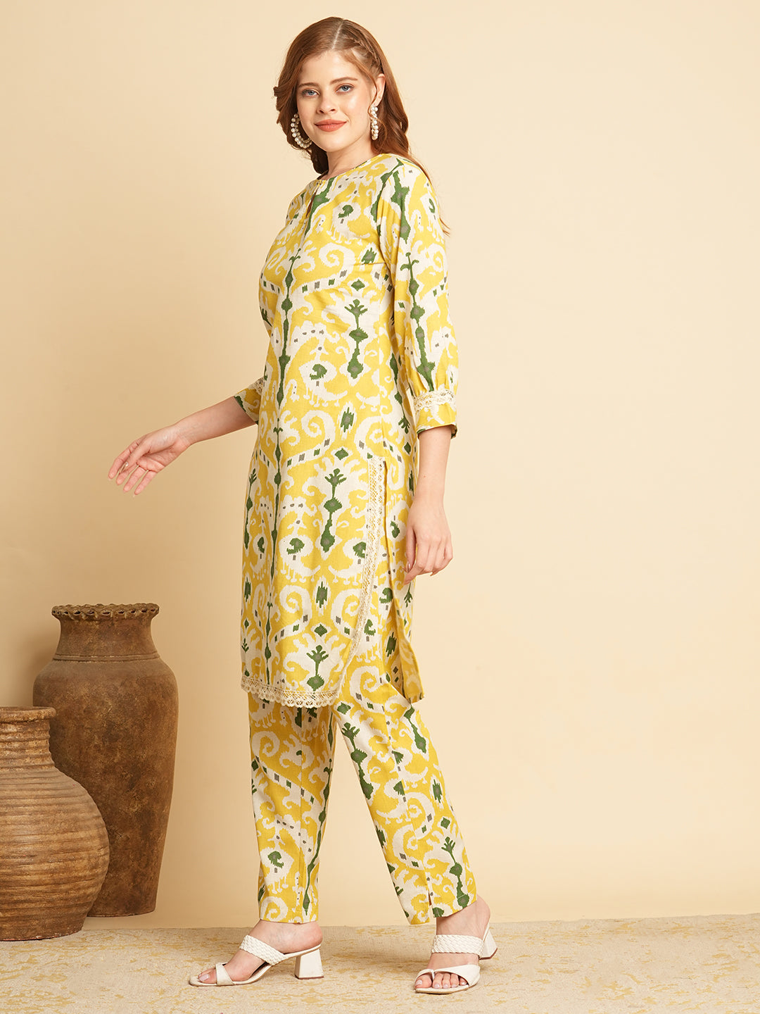 Ethnic Ikat Printed Straight Fit Co-ord Set - Yellow