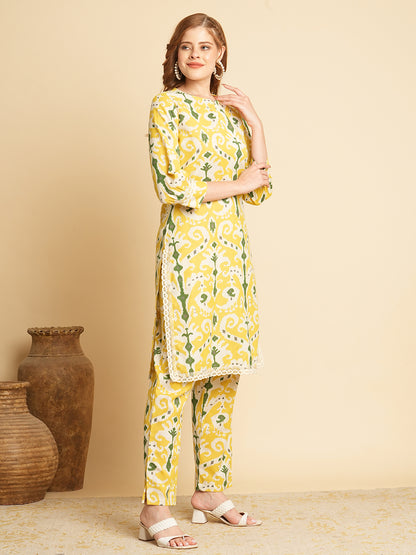 Ethnic Ikat Printed Straight Fit Co-ord Set - Yellow