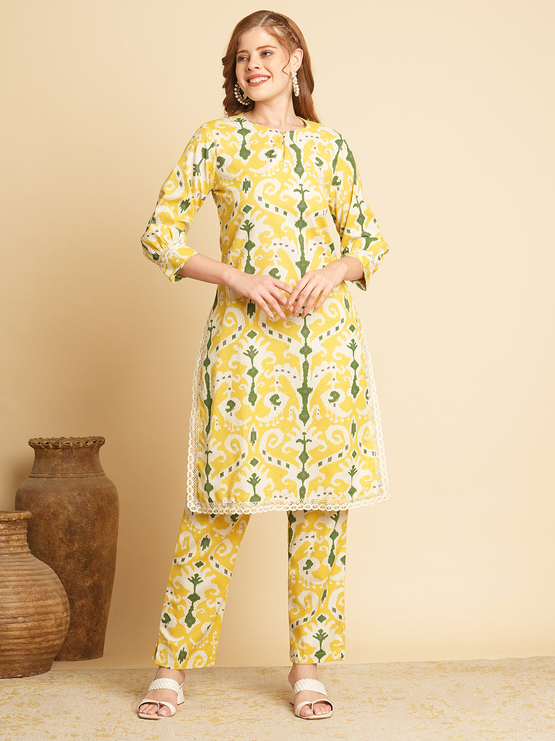 Ethnic Ikat Printed Straight Fit Co-ord Set - Yellow