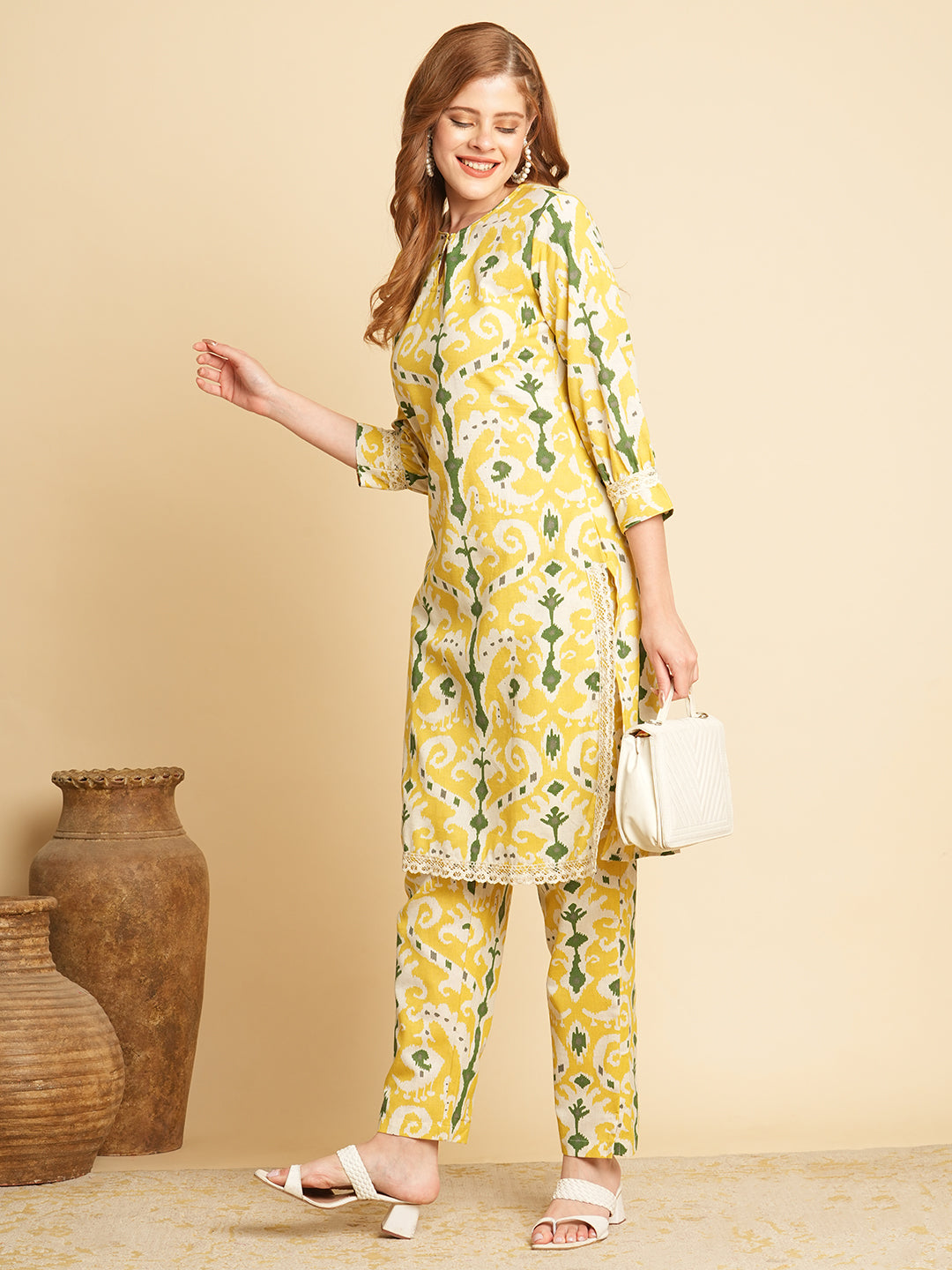 Ethnic Ikat Printed Straight Fit Co-ord Set - Yellow