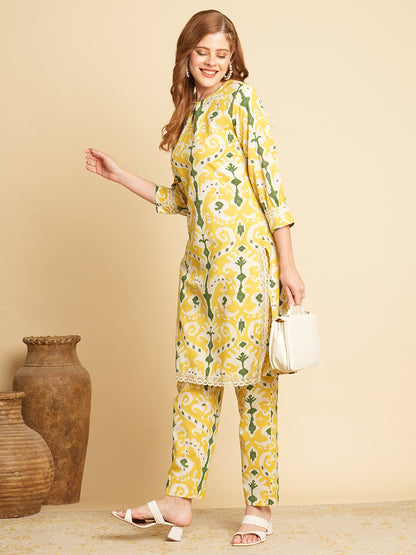 Ethnic Ikat Printed Straight Fit Co-ord Set - Yellow