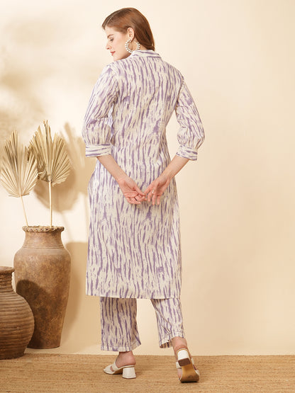 Ethnic Tie - Dye Printed Straight Fit Co-ord Set - Lavender