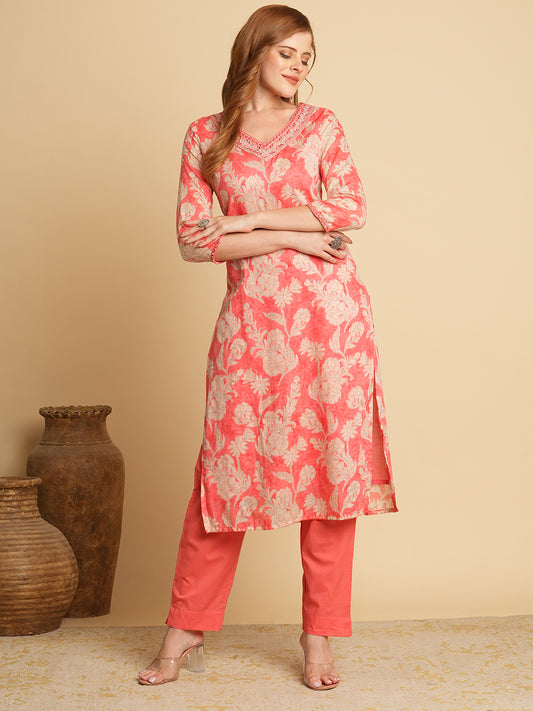 Floral Foil Printed & Embroidered Straight Fit Kurta with Pant - Pink
