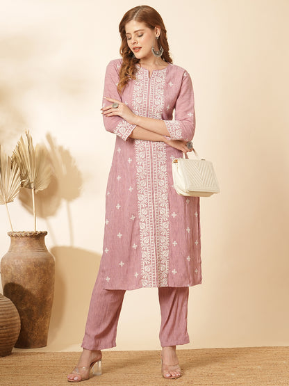 Ethnic Cross Stitch Embroidered Straight Fit Co-ord Set - Pink