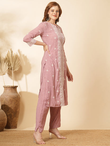 Ethnic Cross Stitch Embroidered Straight Fit Co-ord Set - Pink