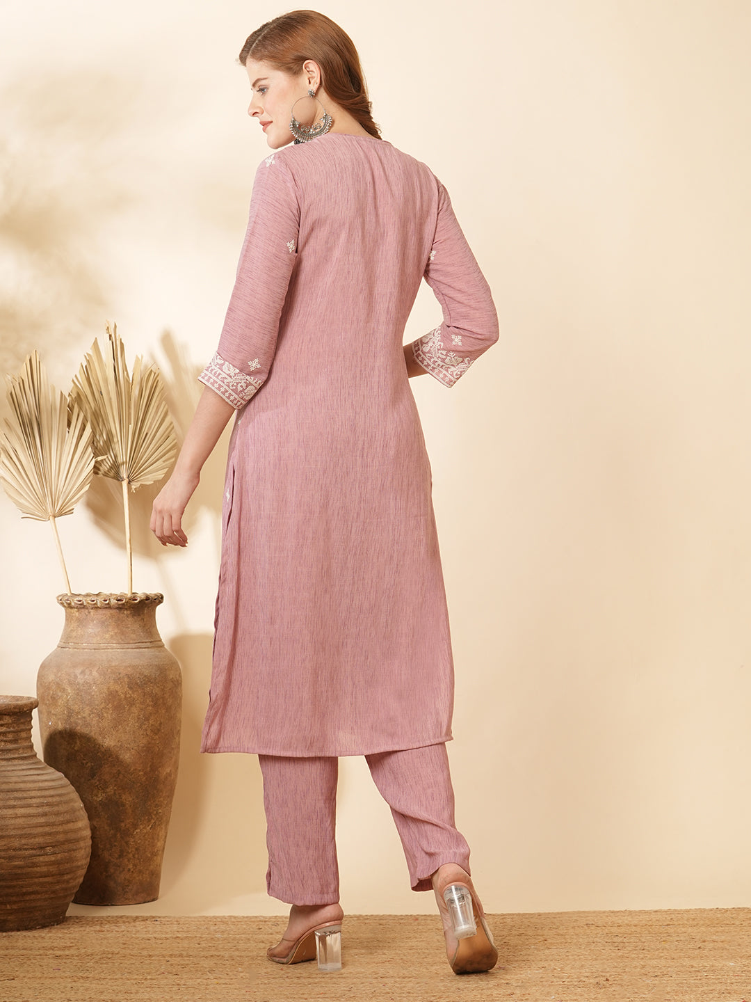 Ethnic Cross Stitch Embroidered Straight Fit Co-ord Set - Pink