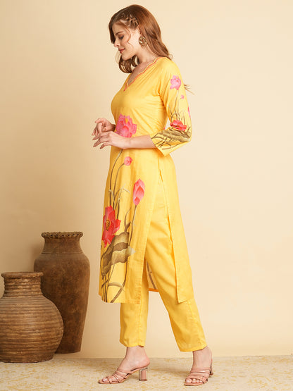 Floral Printed Straight Fit Kurta with Pant - Yellow