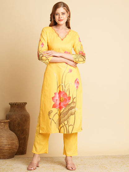 Floral Printed Straight Fit Kurta with Pant - Yellow