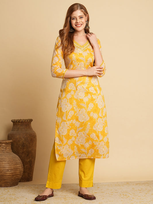 Floral Foil Printed & Embroidered Straight Fit Kurta with Pant - Yellow