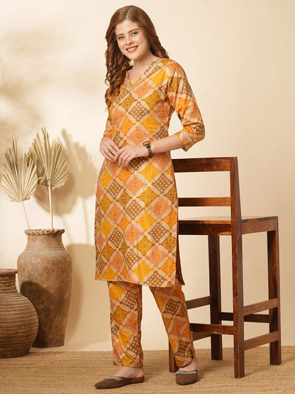 Ethnic Bandhani Foil Printed Straight Fit Co-ord Set - Multi