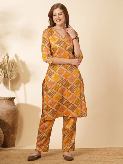 Ethnic Bandhani Foil Printed Straight Fit Co-ord Set - Multi