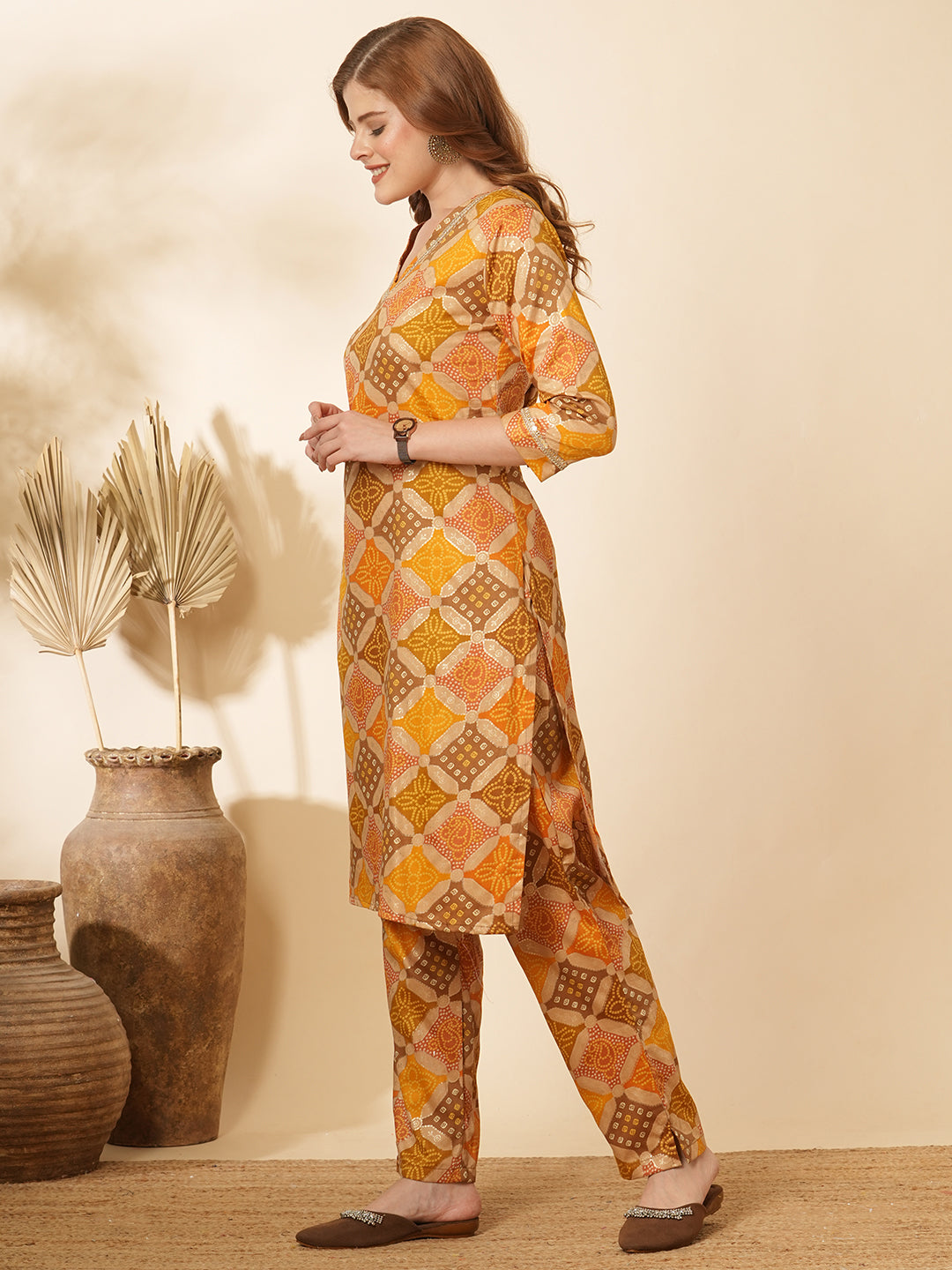 Ethnic Bandhani Foil Printed Straight Fit Co-ord Set - Multi