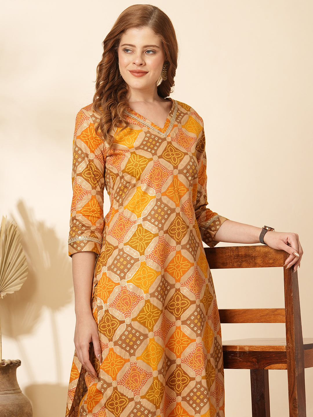 Ethnic Bandhani Foil Printed Straight Fit Co-ord Set - Multi