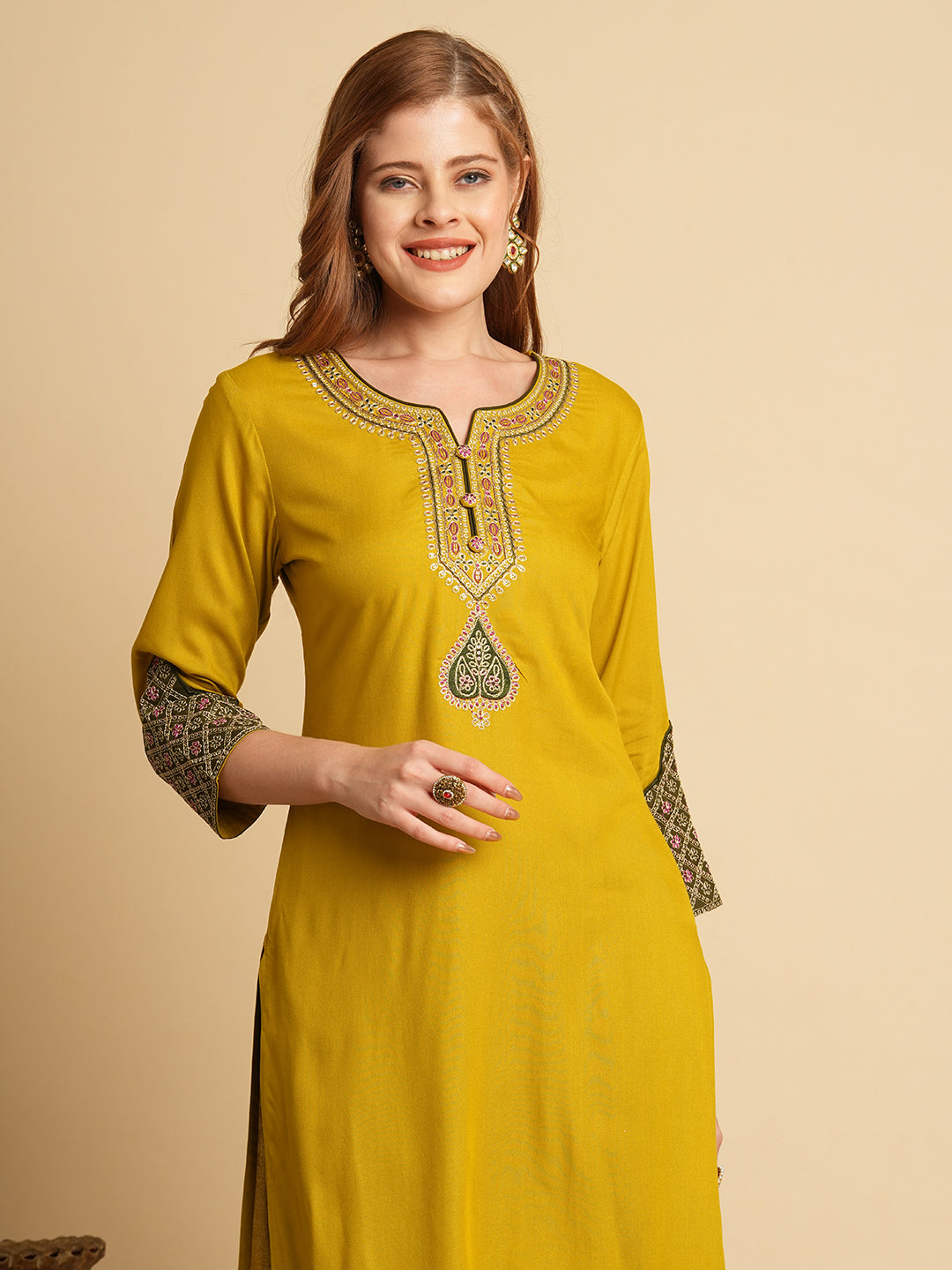 Solid Ethnic Sequin Embroidered Straight Fit Kurta with Pant - Mustard