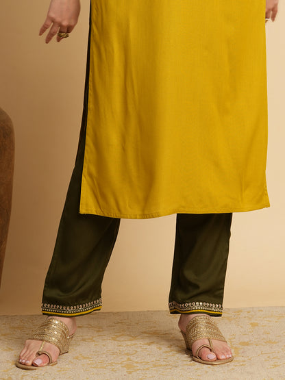 Solid Ethnic Sequin Embroidered Straight Fit Kurta with Pant - Mustard