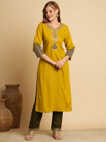 Solid Ethnic Sequin Embroidered Straight Fit Kurta with Pant - Mustard