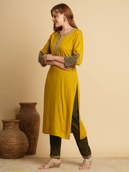 Solid Ethnic Sequin Embroidered Straight Fit Kurta with Pant - Mustard