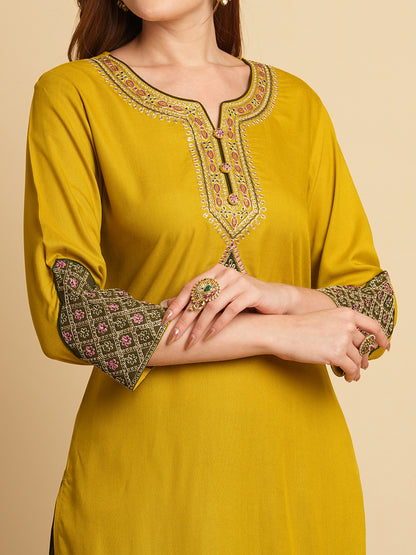 Solid Ethnic Sequin Embroidered Straight Fit Kurta with Pant - Mustard