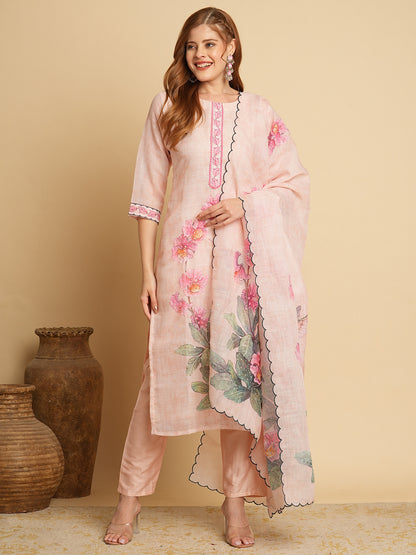 Abstract Floral Printed & Embroidered Straight Kurta with Pant & Dupatta - Cream