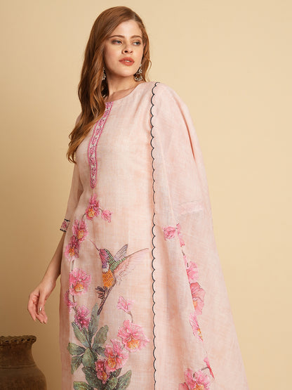 Abstract Floral Printed & Embroidered Straight Kurta with Pant & Dupatta - Cream