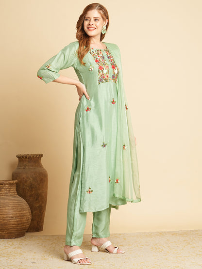 Floral Hand Embroidered Straight Fit Kurta with Pant and Dupatta - Green