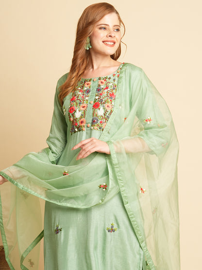 Floral Hand Embroidered Straight Fit Kurta with Pant and Dupatta - Green