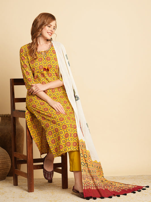 Ethnic Printed & Embroidered Kurta with Pant & Applique Work Dupatta - Mustard