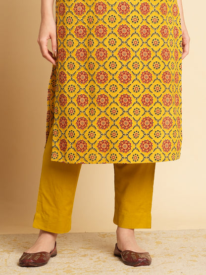Ethnic Printed & Embroidered Kurta with Pant & Applique Work Dupatta - Mustard
