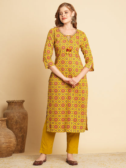 Ethnic Printed & Embroidered Kurta with Pant & Applique Work Dupatta - Mustard
