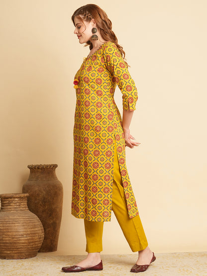Ethnic Printed & Embroidered Kurta with Pant & Applique Work Dupatta - Mustard