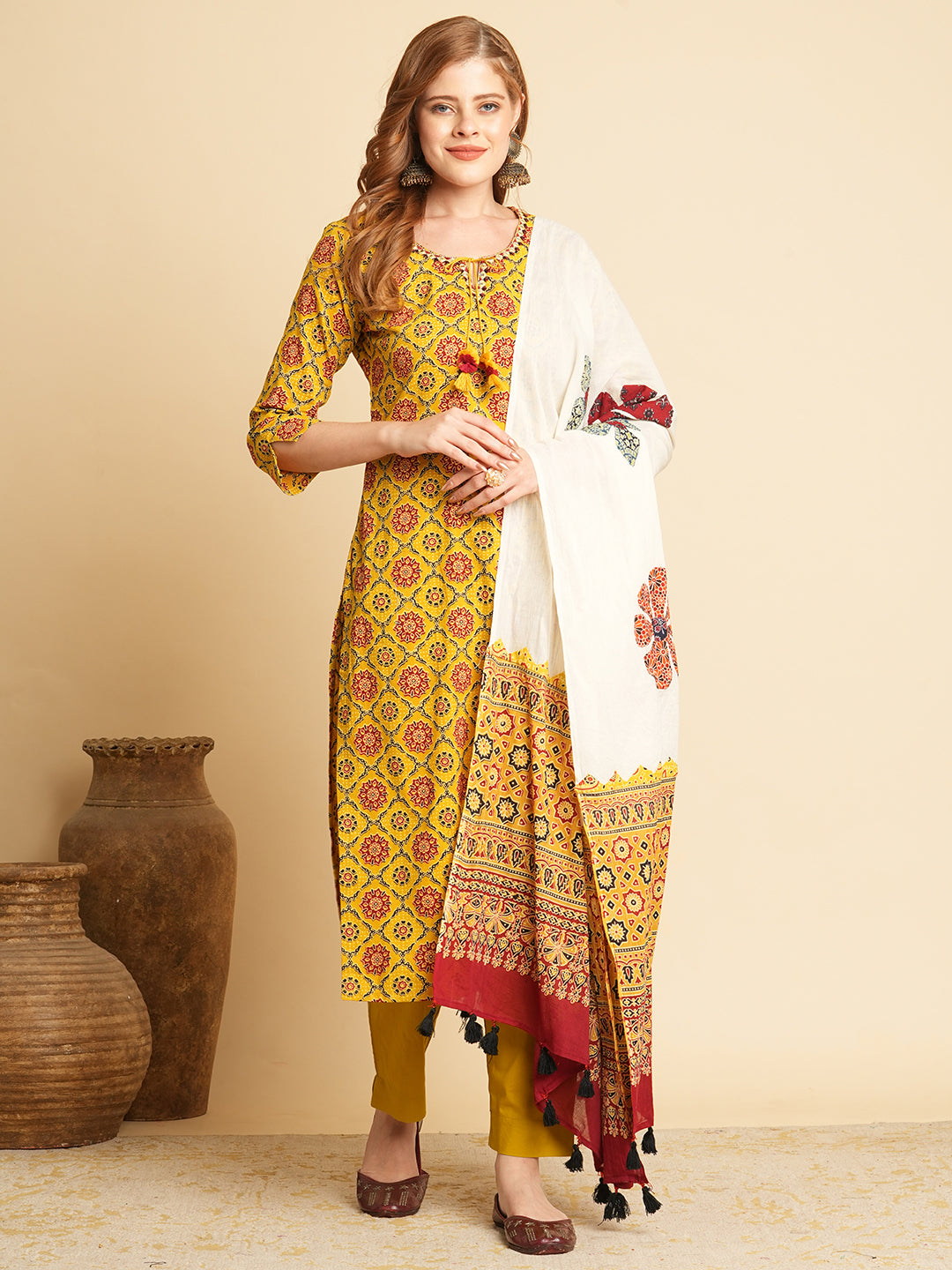 Ethnic Printed & Embroidered Kurta with Pant & Applique Work Dupatta - Mustard