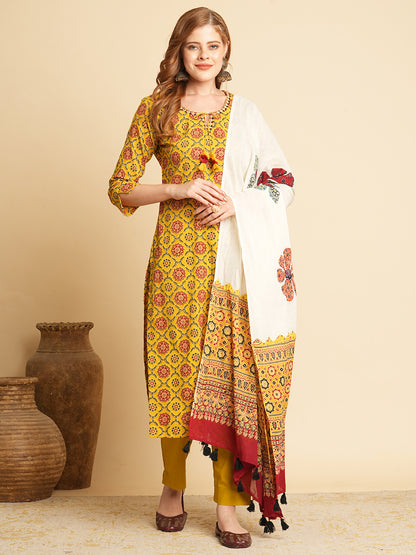 Ethnic Printed & Embroidered Kurta with Pant & Applique Work Dupatta - Mustard