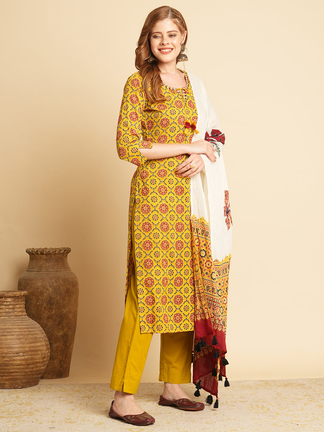 Ethnic Printed & Embroidered Kurta with Pant & Applique Work Dupatta - Mustard