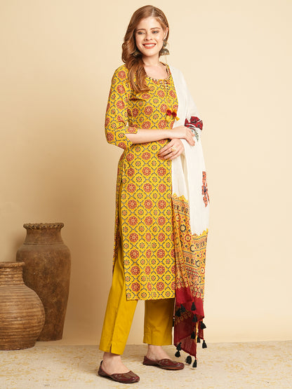 Ethnic Printed & Embroidered Kurta with Pant & Applique Work Dupatta - Mustard