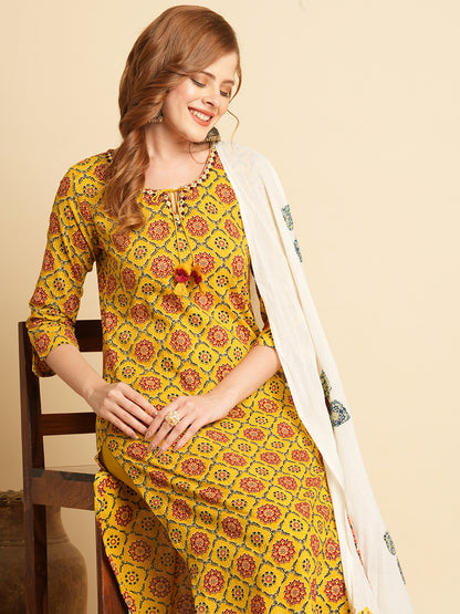 Ethnic Printed & Embroidered Kurta with Pant & Applique Work Dupatta - Mustard