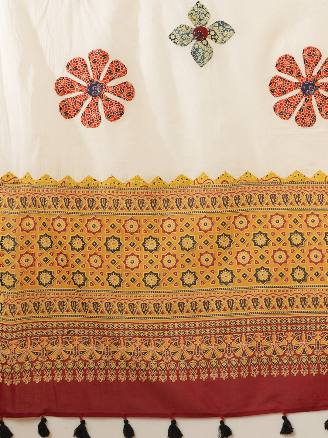 Ethnic Printed & Embroidered Kurta with Pant & Applique Work Dupatta - Mustard