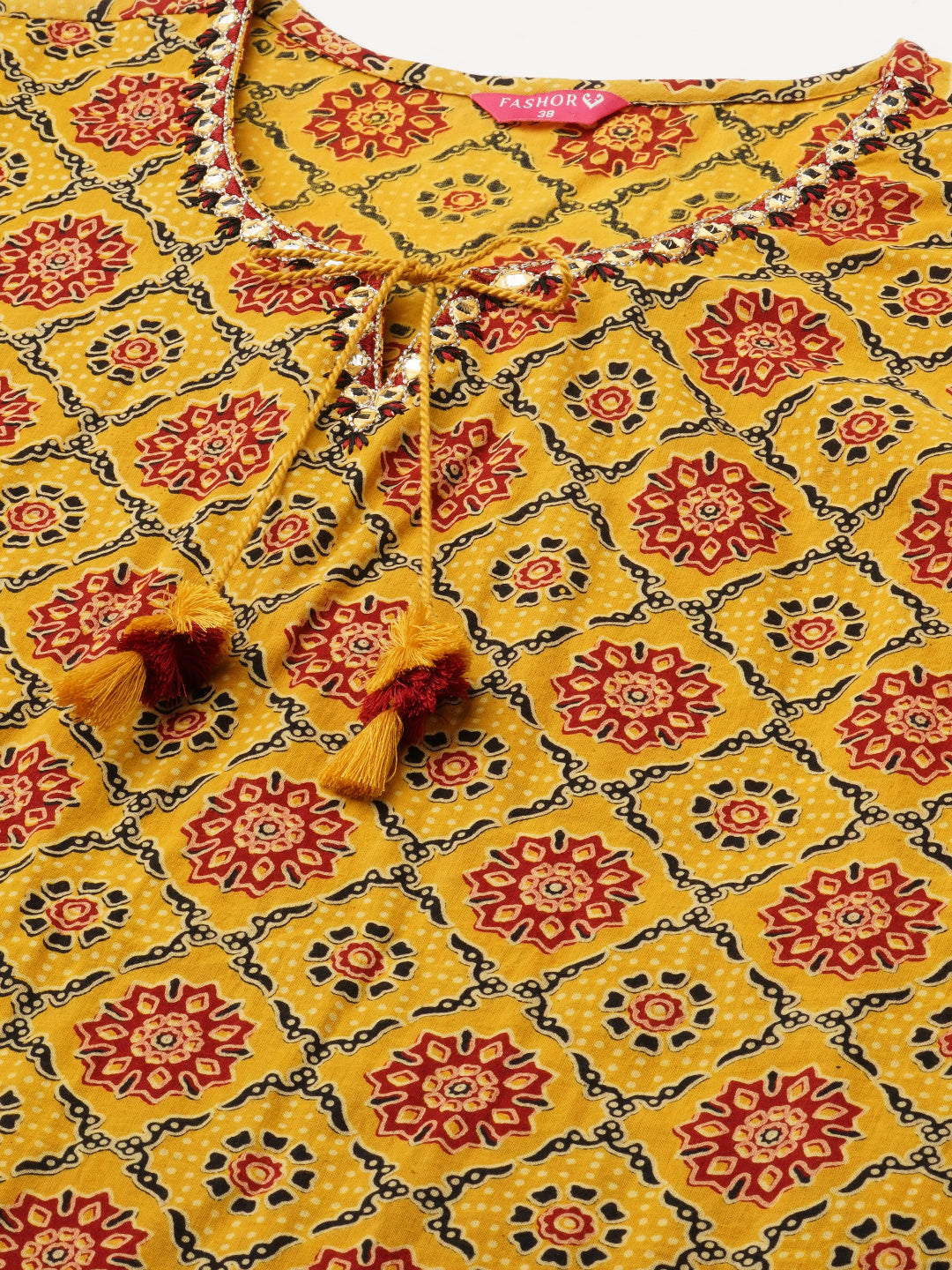 Ethnic Printed & Embroidered Kurta with Pant & Applique Work Dupatta - Mustard